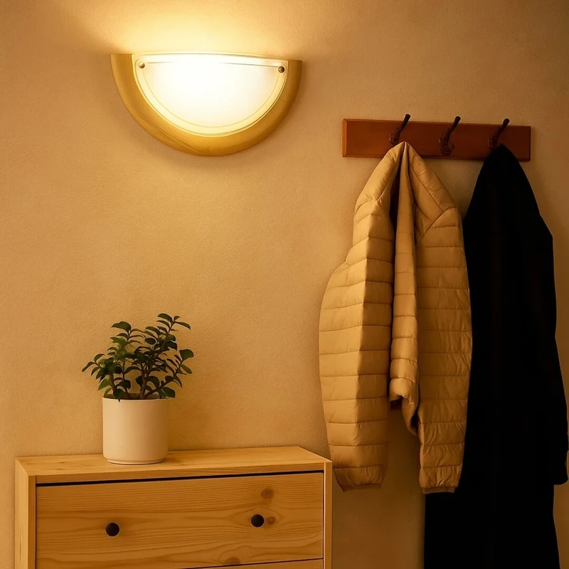 Ufo – wall light from wood and metal with opal glass, Ø300mm, 1×E27