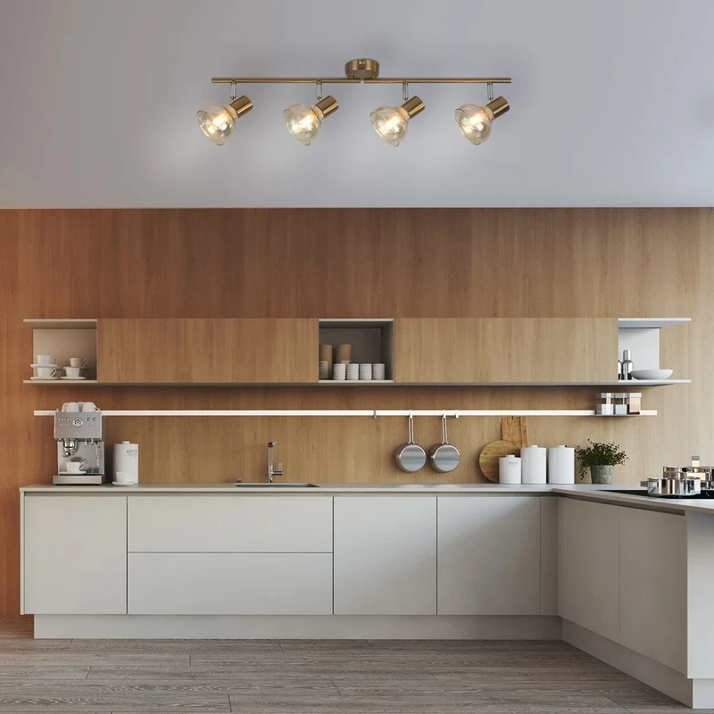 Holly – modern spotlight with 4 luminaires in antique gold with amber glass, 700mm, 4×E14
