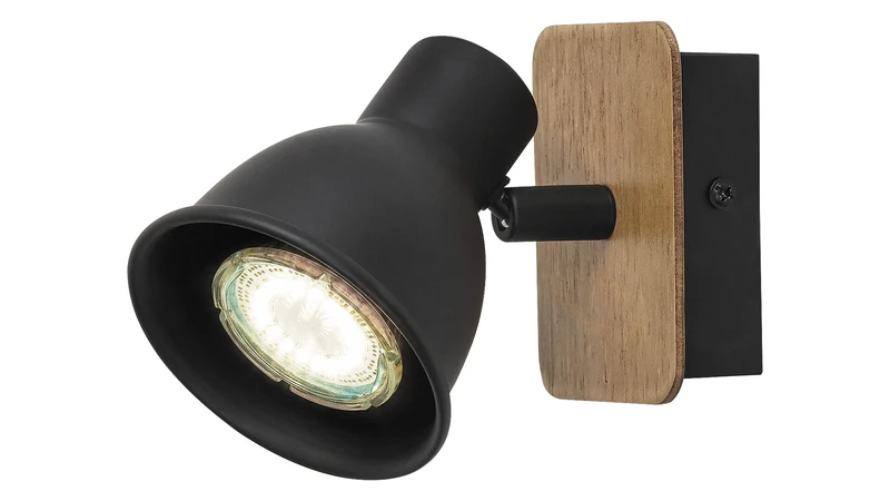 Spotlights Mac – industrial spotlight for wall in black with wood, GU10, IP20, with switch