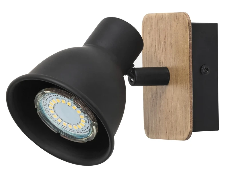 Mac – industrial spotlight for wall in black with wood, GU10, IP20, with switch