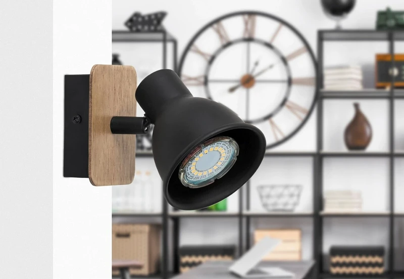Mac – industrial spotlight for wall in black with wood, GU10, IP20, with switch
