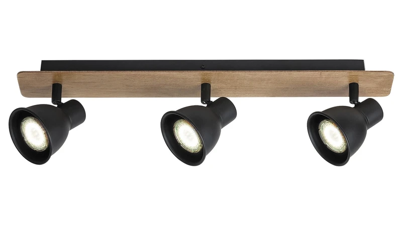 Spotlights Mac – industrial spotlight with 3 luminaires in black and beech, 505mm, 3×GU10, IP20