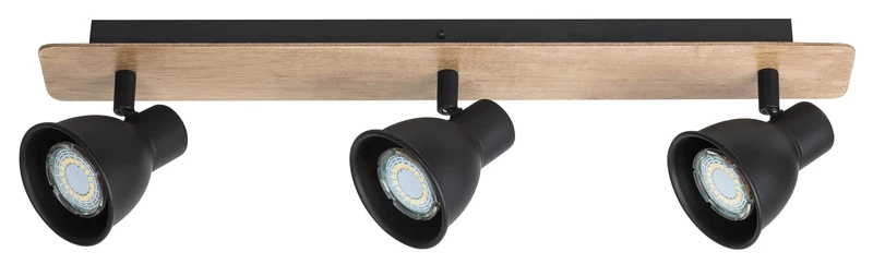 Mac – industrial spotlight with 3 luminaires in black and beech, 505mm, 3×GU10, IP20