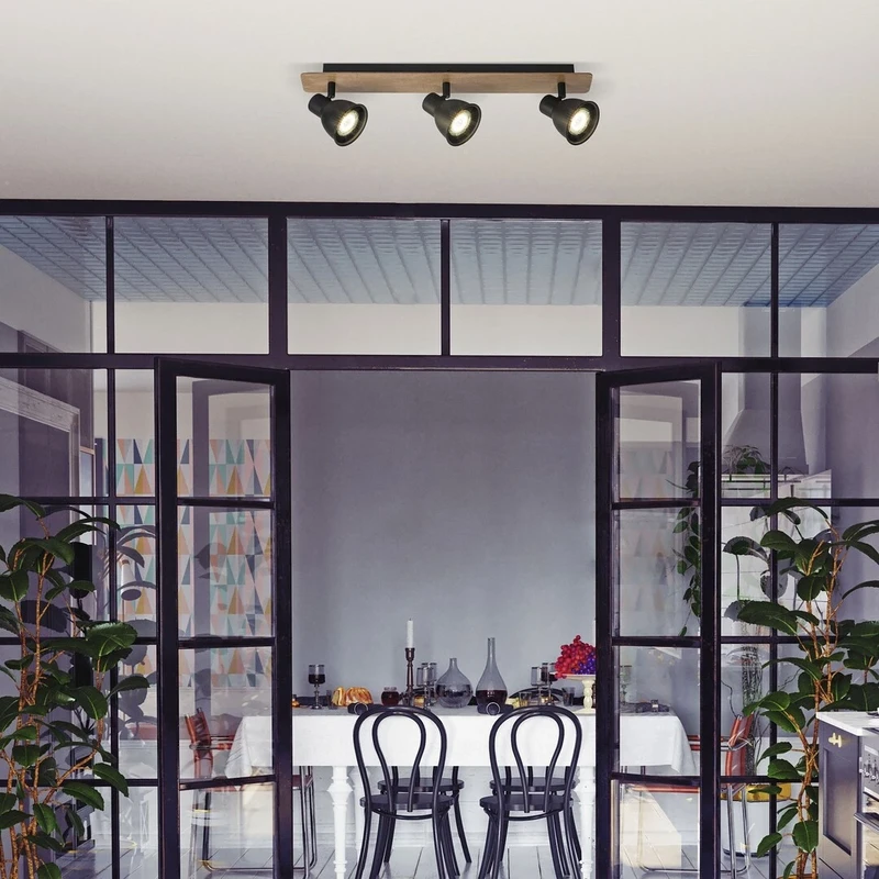 Mac – industrial spotlight with 3 luminaires in black and beech, 505mm, 3×GU10, IP20