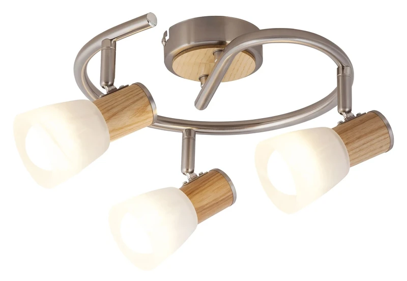 Spotlights Gavin – Scandinavian spotlight in satin chrome with wood, Ø250mm, 3×E14