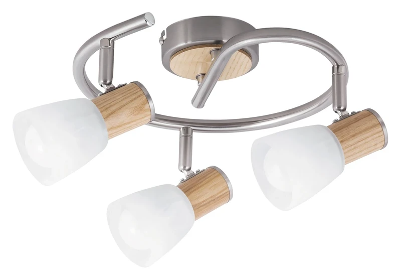 Gavin – Scandinavian spotlight in satin chrome with wood, Ø250mm, 3×E14