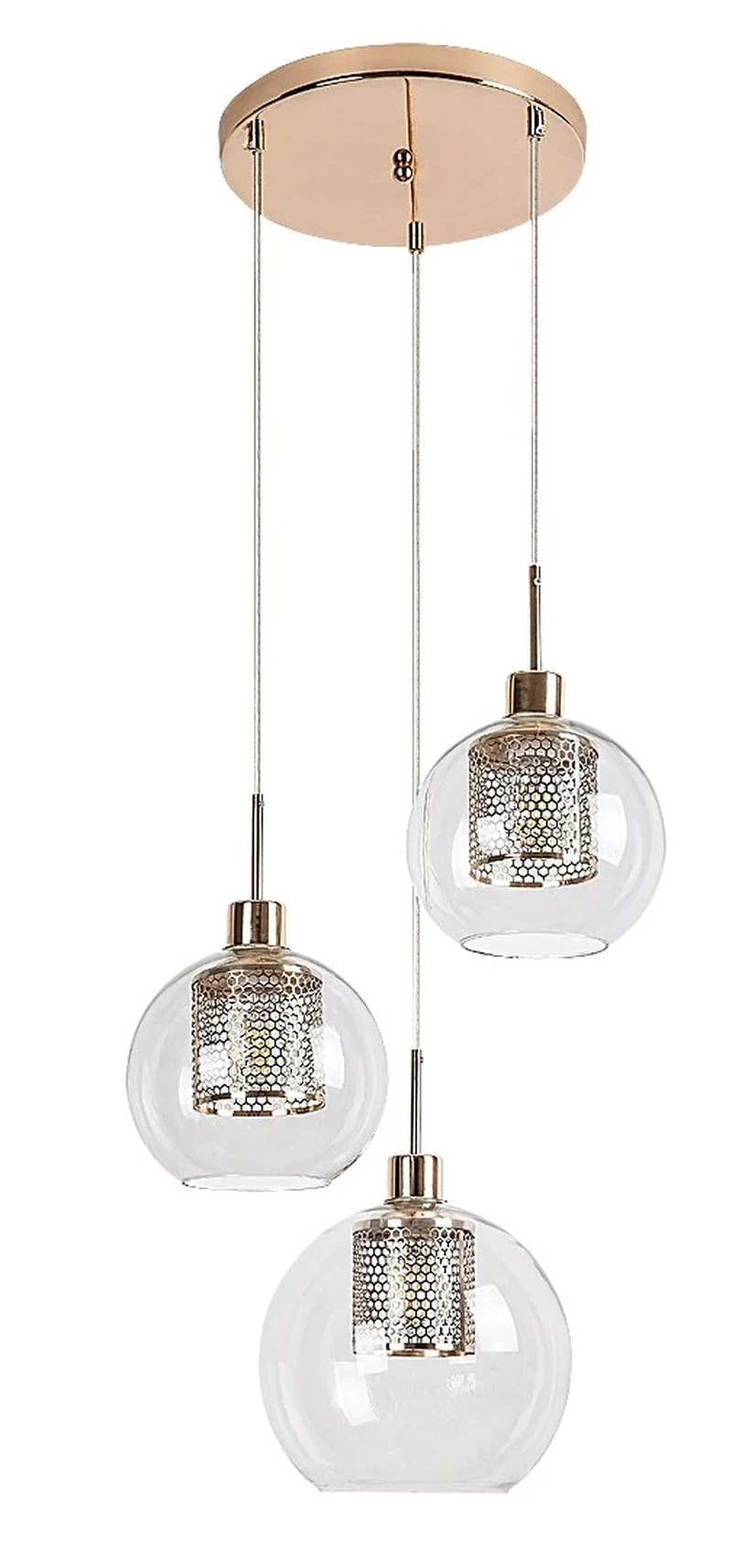Philana – triple LED pendant lamp in gold with clear glass, Ø450mm, 3×E27