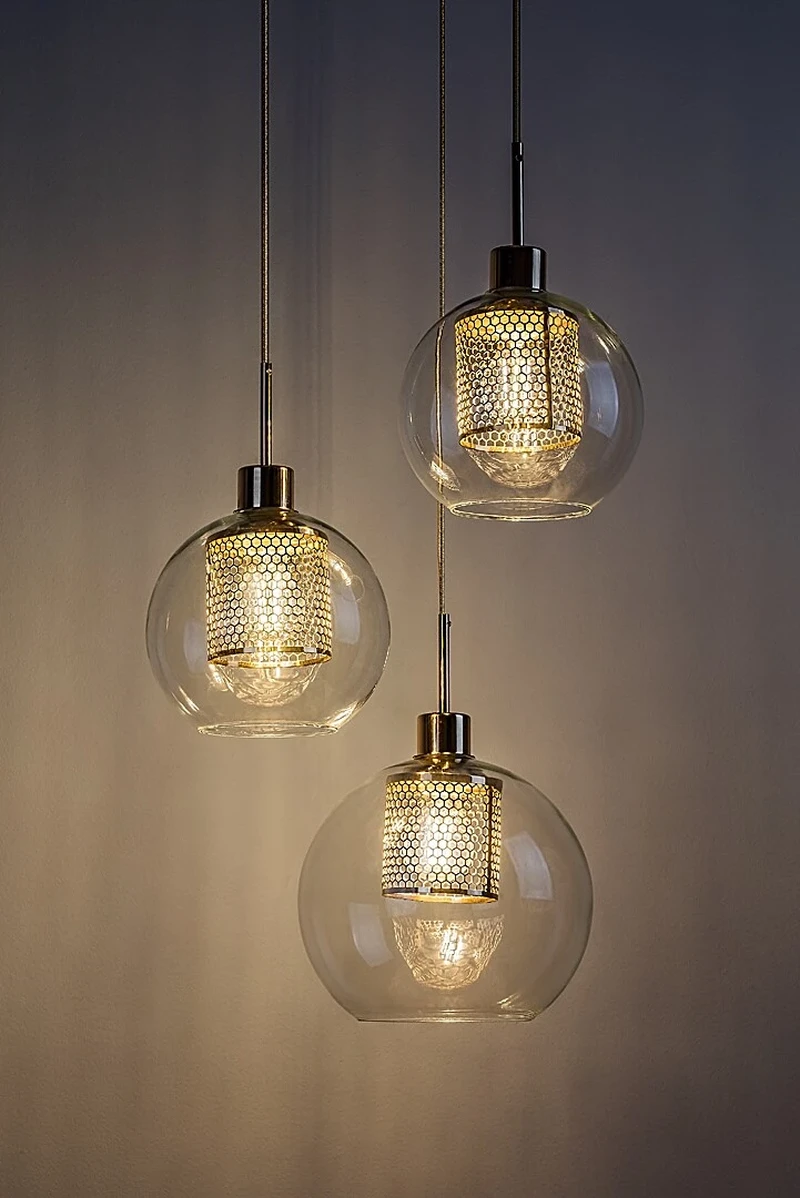 Philana – triple LED pendant lamp in gold with clear glass, Ø450mm, 3×E27