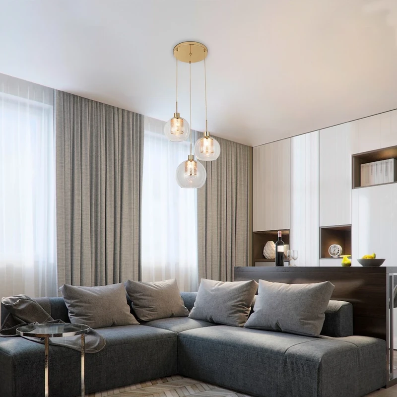 Philana – triple LED pendant lamp in gold with clear glass, Ø450mm, 3×E27
