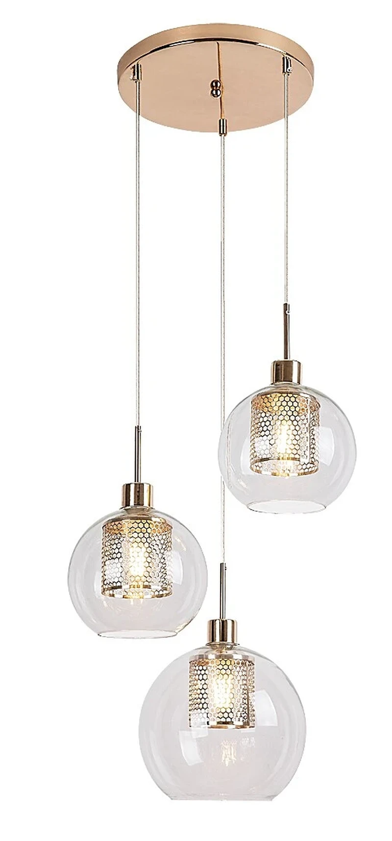 LED Pendants & Chandeliers Philana – triple LED pendant lamp in gold with clear glass, Ø450mm, 3×E27