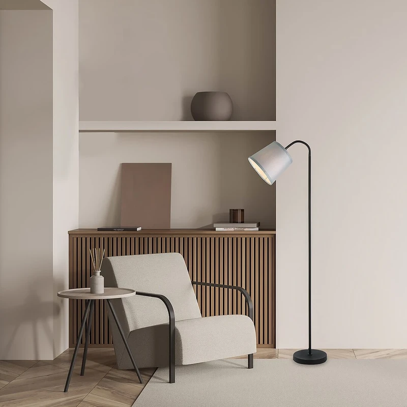 Godric – modern floor lamp in black metal with grey fabric shade, Ø200mm, 1×E27