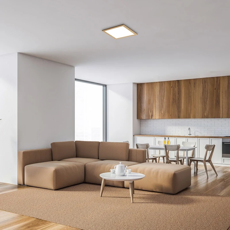Almond – LED ceiling light in colour beech with white shade, 295×295mm, 12W, 4000K