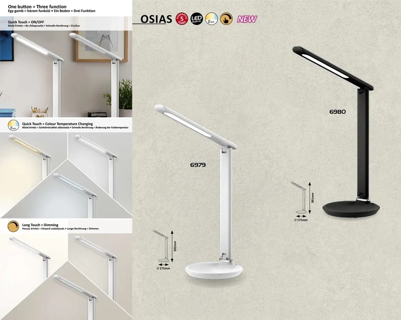 Osias – LED настолна лампа в черно, Ø171мм, 9W, 2700-6500K