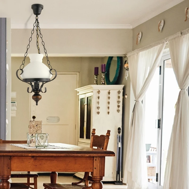 Petronel – classic chandelier in black matt with wood and opal glass, Ø320mm, 1×E27