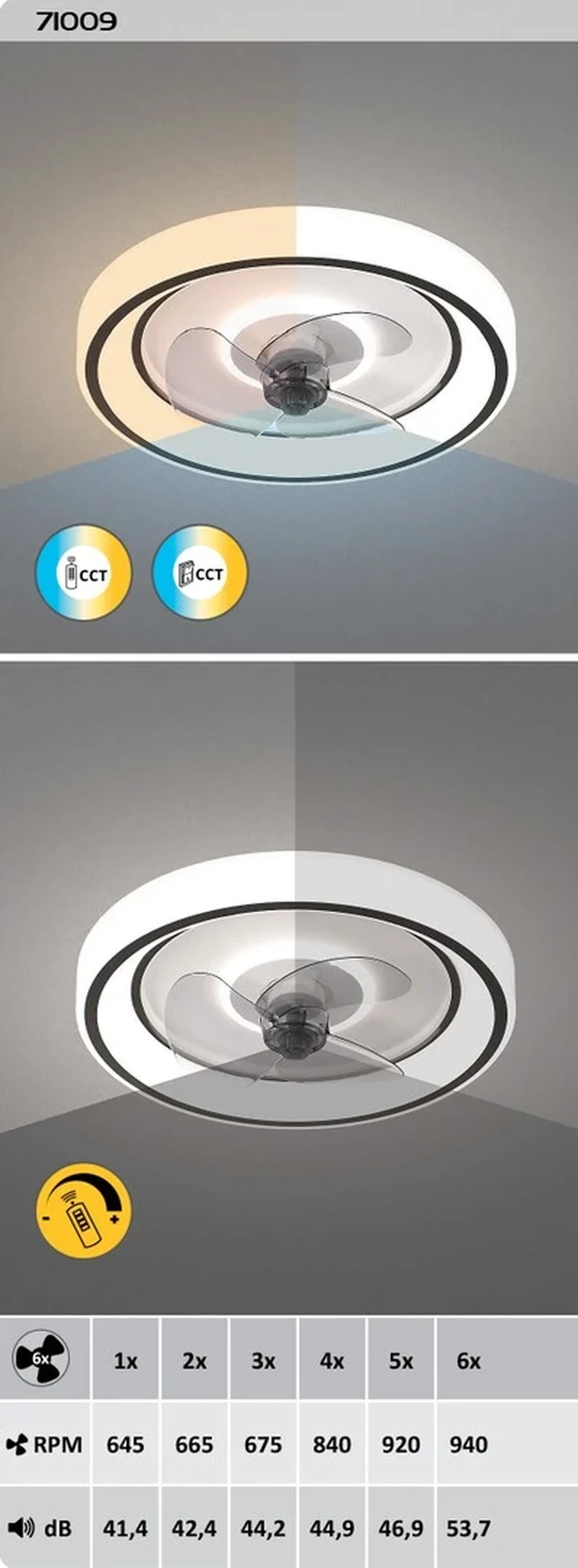 Horacio – LED таванен вентилатор в черно с бял абажур, Ø470мм, 67W, 3000-6000K