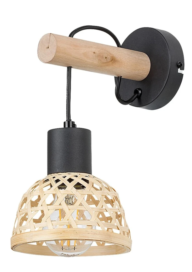 Rattan – скандинавски аплик в черно с естествен ратан, Ø130мм, 1×E27