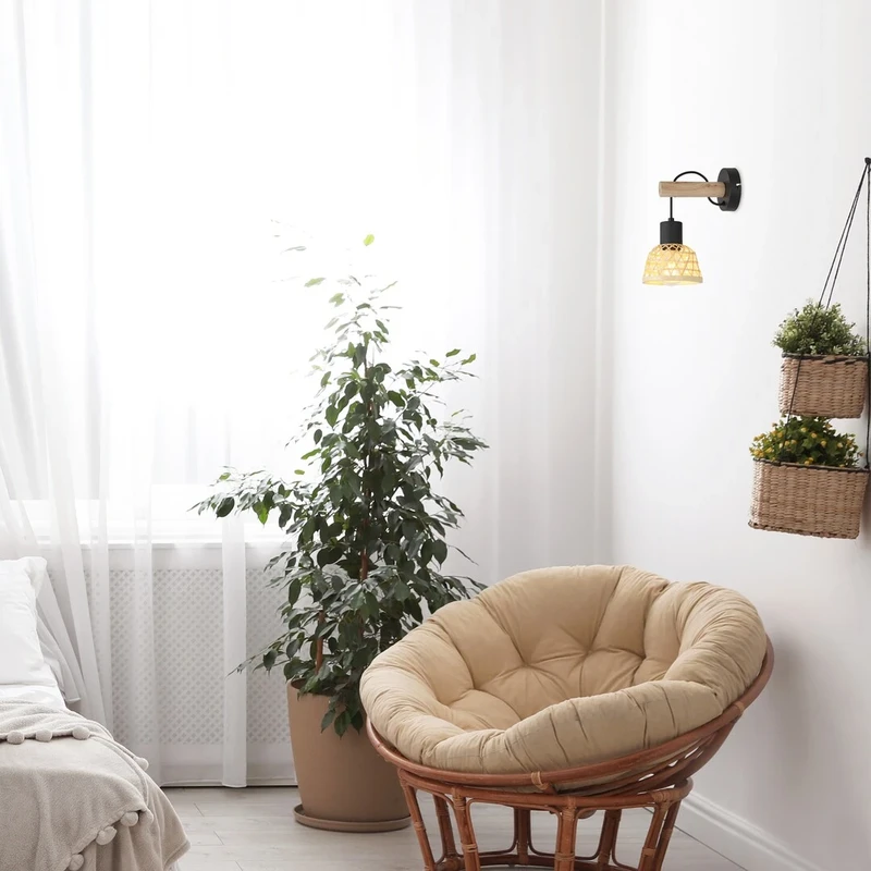 Rattan – скандинавски аплик в черно с естествен ратан, Ø130мм, 1×E27