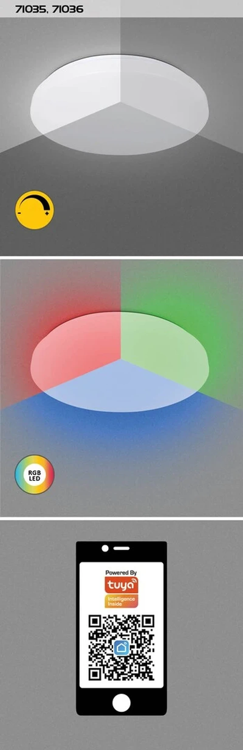 Cerrigen – LED плафон в бяло с RGB, Ø500мм, 48W, 3000-6500K, Wi-Fi/Bluetooth