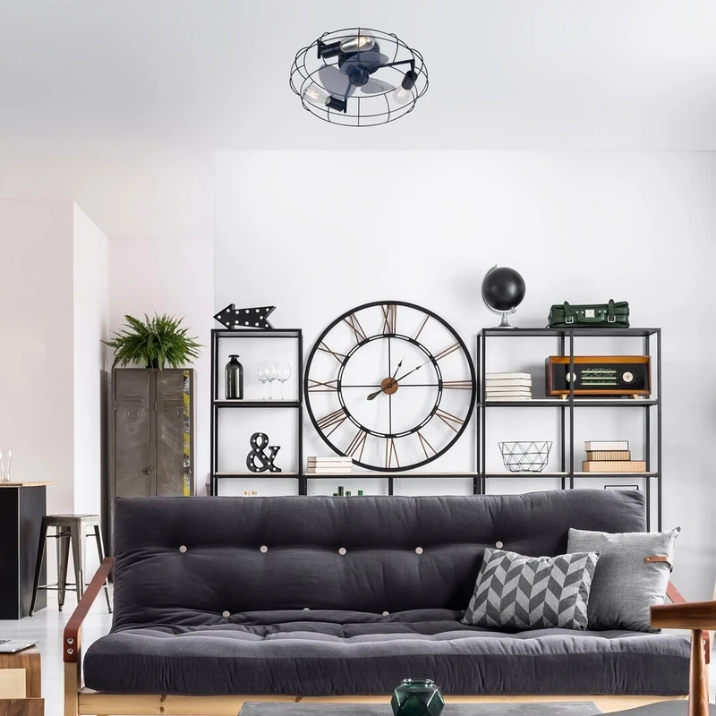 Cadmus – ceiling lamp with fan in black, Ø480mm, 3×E27, industrial style