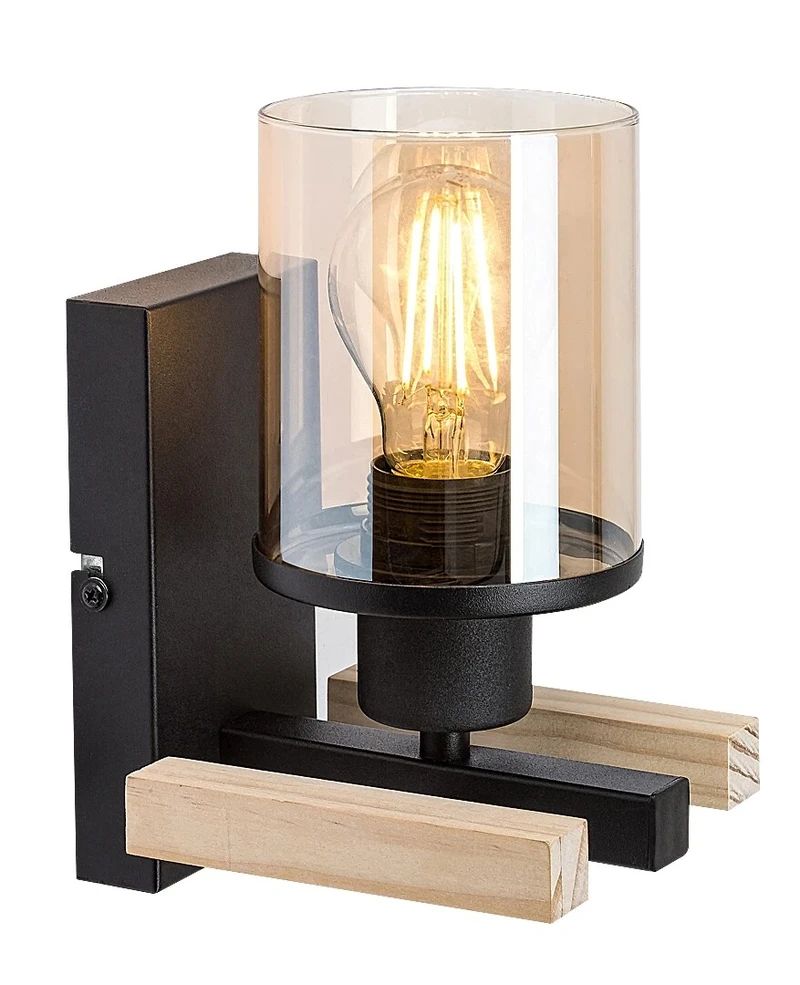 Wall Lights Niylah – modern wall light in black with wood and amber glass, 120×200mm, E27