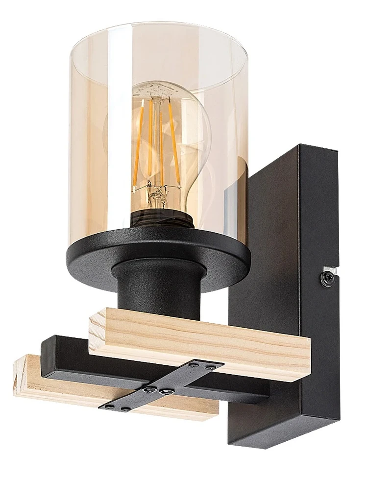 Niylah – modern wall light in black with wood and amber glass, 120×200mm, E27
