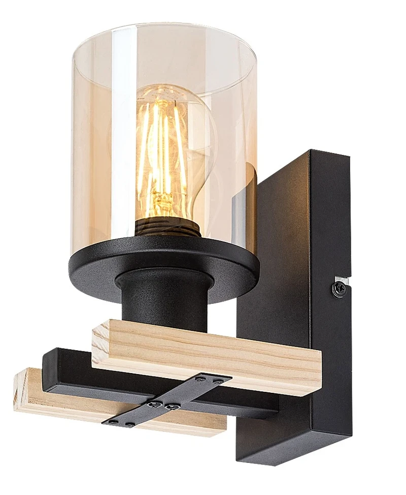 Niylah – modern wall light in black with wood and amber glass, 120×200mm, E27