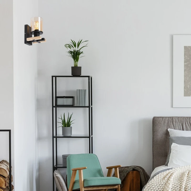 Niylah – modern wall light in black with wood and amber glass, 120×200mm, E27