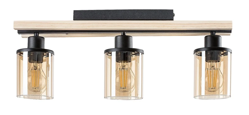 Ceiling Lights Niylah – modern ceiling light in black with wood and amber glass, 550mm, 3×E27