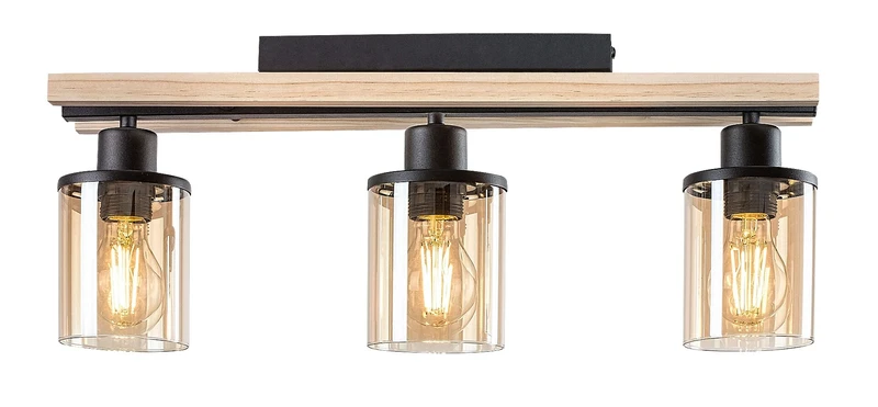 Niylah – modern ceiling light in black with wood and amber glass, 550mm, 3×E27