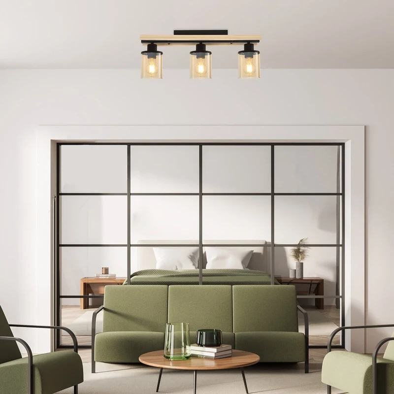 Niylah – modern ceiling light in black with wood and amber glass, 550mm, 3×E27