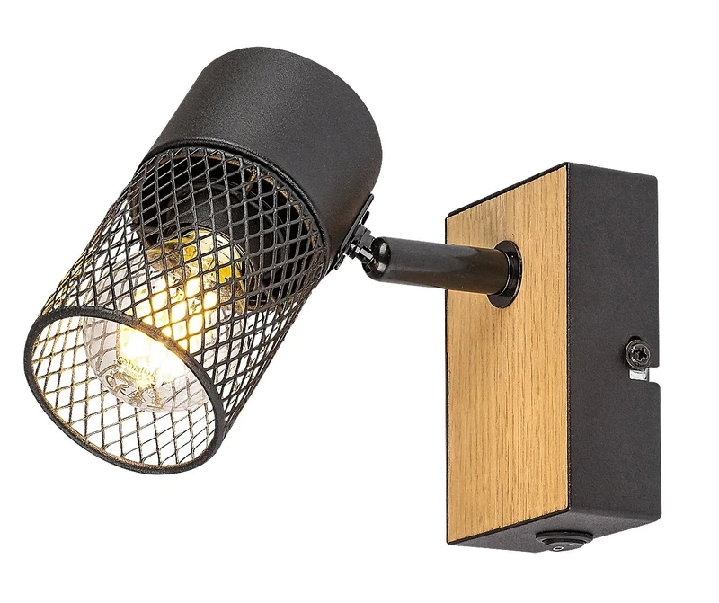 Metta – industrial spotlight in colour oak with black shade, Ø60mm, 1×E14