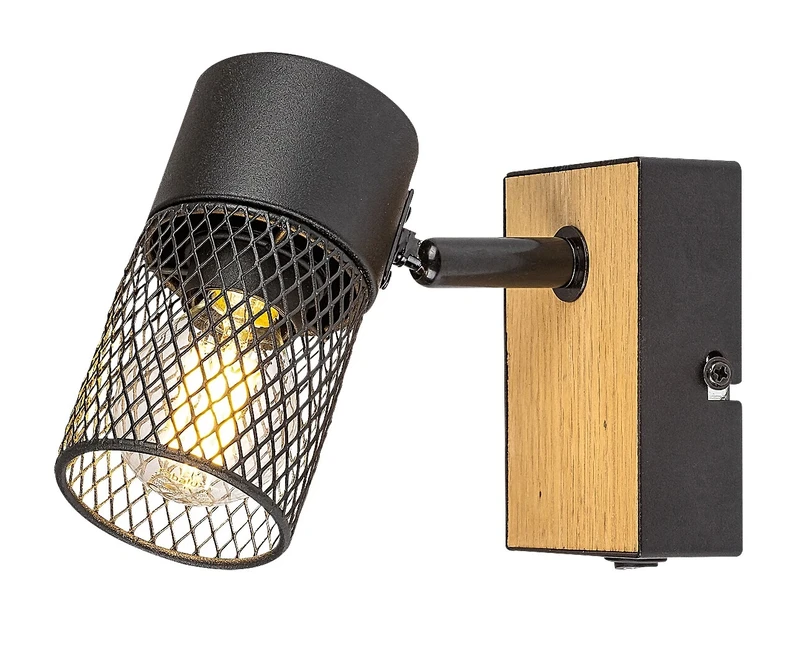 Spotlights Metta – industrial spotlight in colour oak with black shade, Ø60mm, 1×E14