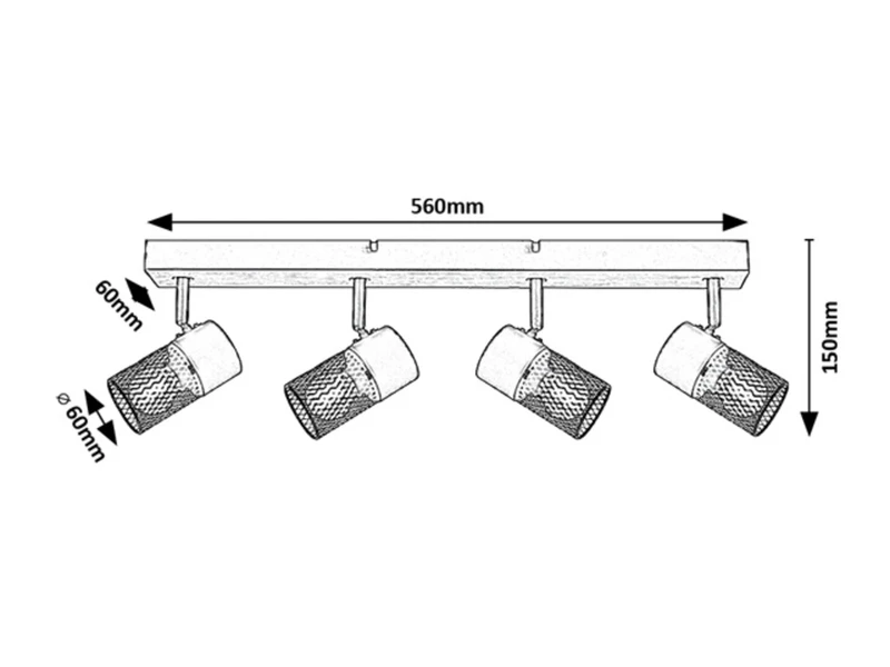 Metta – industrial spotlight with 4 luminaires in oak/black, 560mm, 4×E14