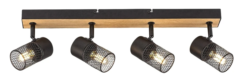 Metta – industrial spotlight with 4 luminaires in oak/black, 560mm, 4×E14