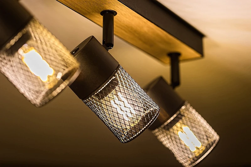 Metta – industrial spotlight with 4 luminaires in oak/black, 560mm, 4×E14