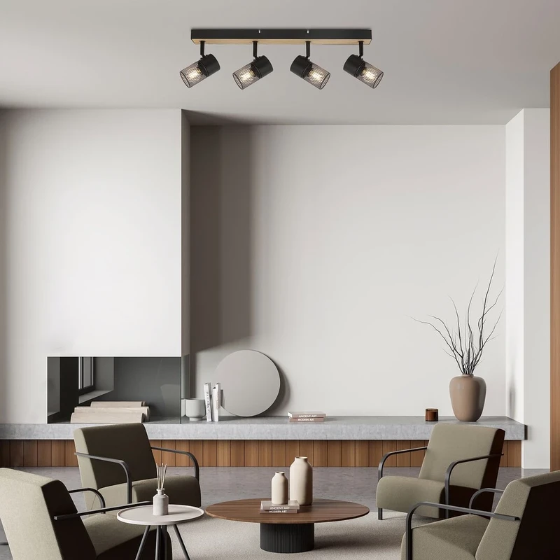Metta – industrial spotlight with 4 luminaires in oak/black, 560mm, 4×E14