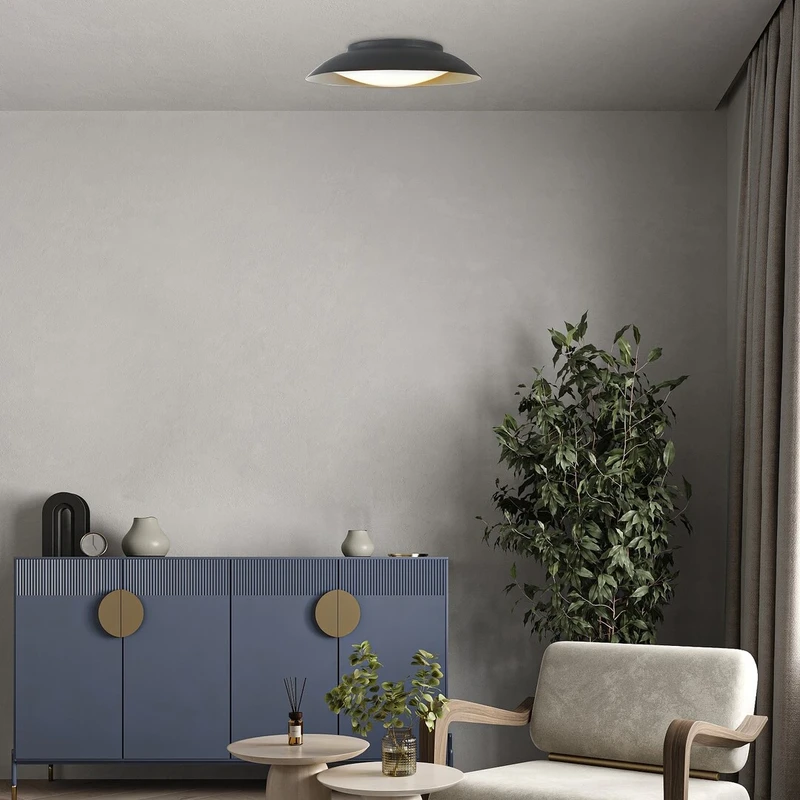 Hafsa – LED плафон в черно/злато с бял абажур, Ø400мм, 24W, 3000K