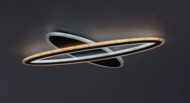 Taneli2 – LED ceiling light in black/gold with white acrylic shade, Ø700mm, 70W, 3000-6000K
