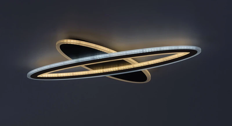 Taneli2 – LED ceiling light in black/gold with white acrylic shade, Ø700mm, 70W, 3000-6000K