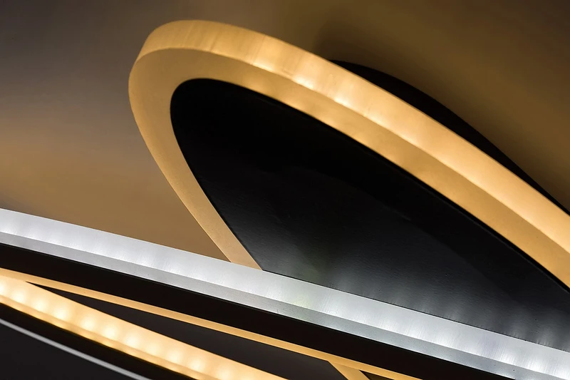 Taneli2 – LED ceiling light in black/gold with white acrylic shade, Ø700mm, 70W, 3000-6000K