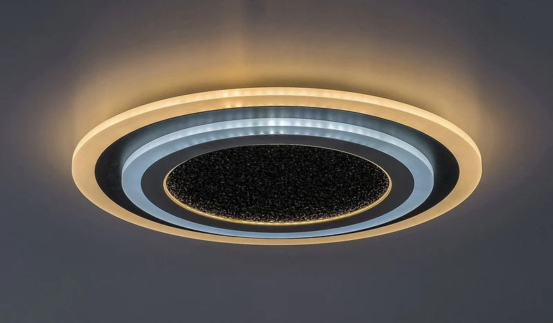 Taneli2 – LED плафон в черно/хром с бял акрил, Ø450мм, 56W, 3000-6000K