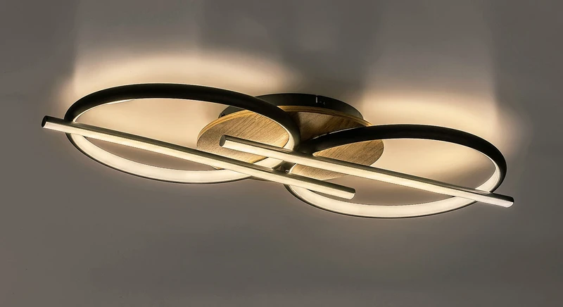 Arash – LED плафон в черно/дърво с бял абажур, 750×350мм, 40W, 3000-6500K