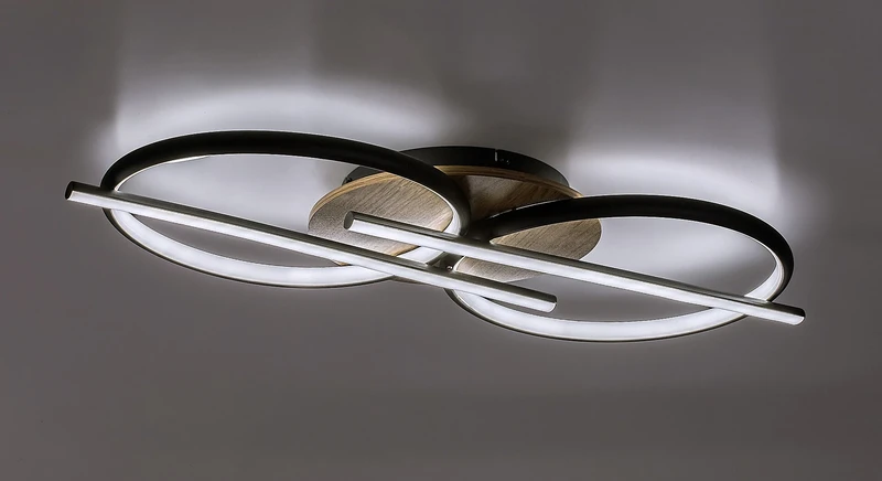 Arash – LED плафон в черно/дърво с бял абажур, 750×350мм, 40W, 3000-6500K