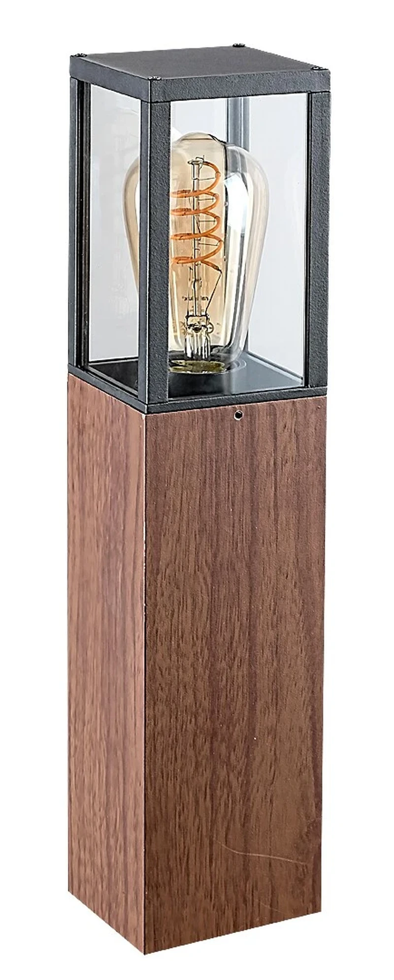 Bollard Lights Wales – modern garden lamp in oak/black with clear glass, 90×420mm, E27, IP44