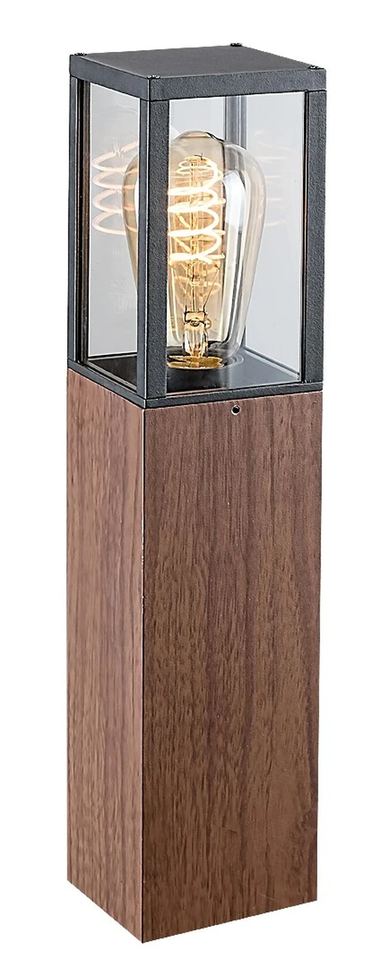 Wales – modern garden lamp in oak/black with clear glass, 90×420mm, E27, IP44