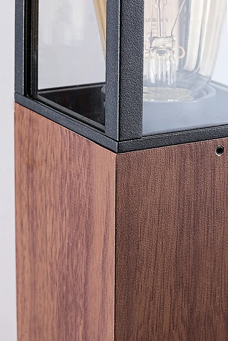 Wales – modern garden lamp in oak/black with clear glass, 90×420mm, E27, IP44