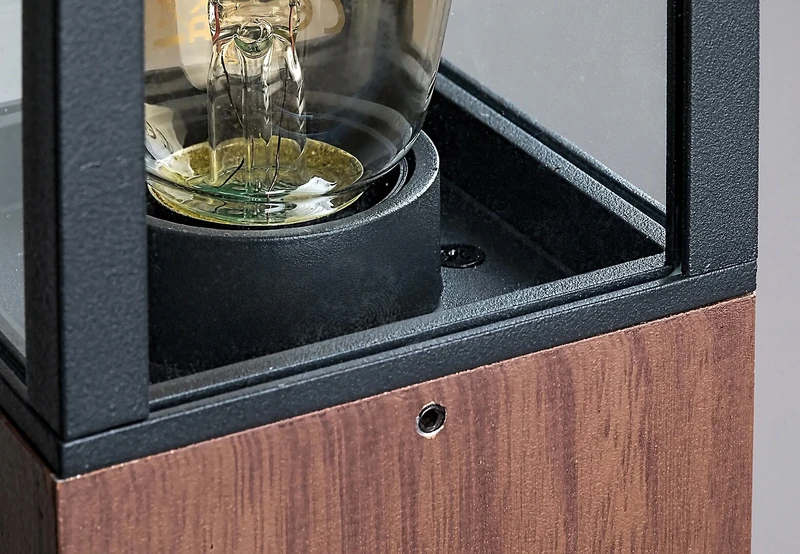 Wales – modern garden lamp in oak/black with clear glass, 90×420mm, E27, IP44