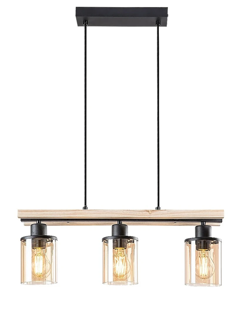 Pendant Lights Niylah – modern pendant in black with wood and amber glass, 550mm, 3×E27