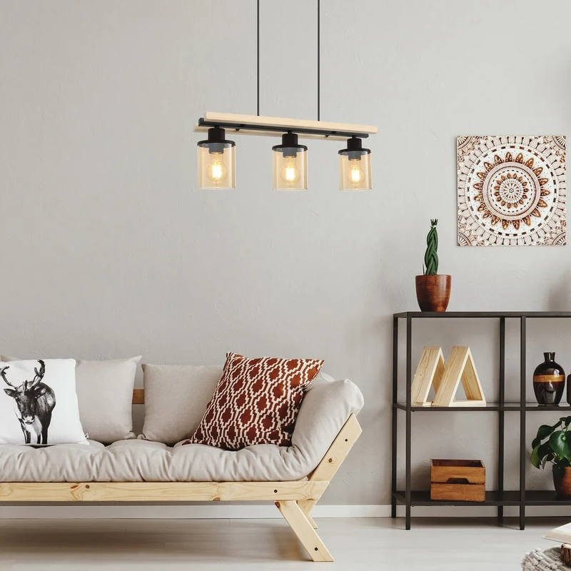 Niylah – modern pendant in black with wood and amber glass, 550mm, 3×E27