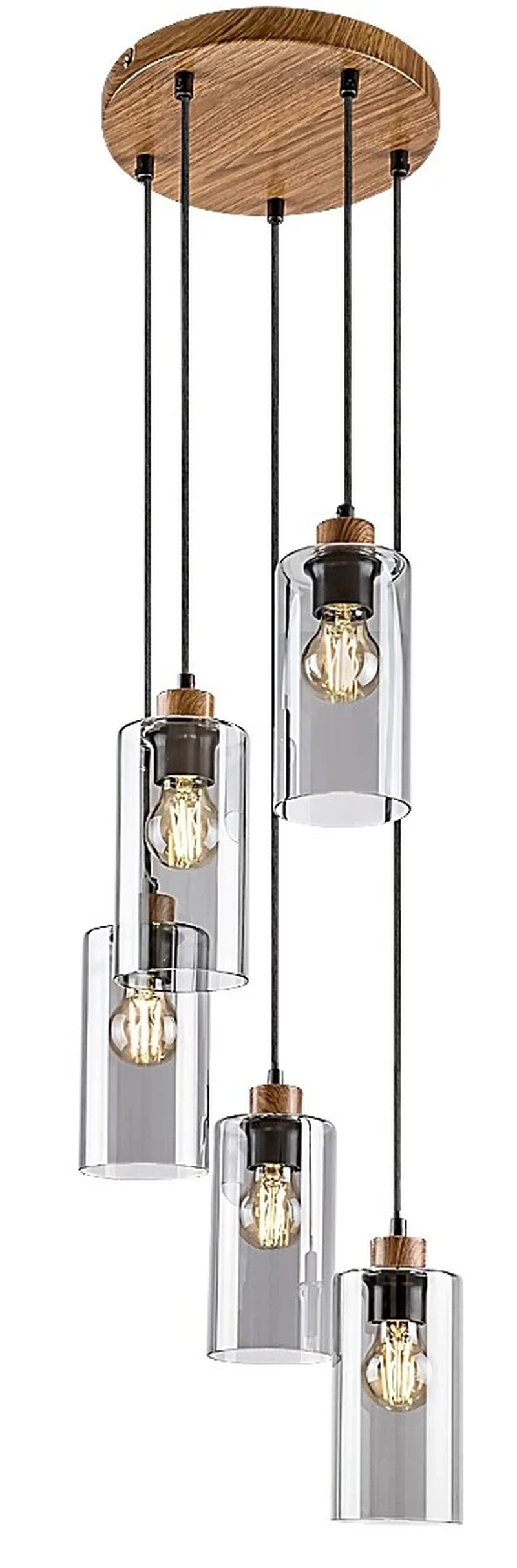 Pendant Lights Tanno – modern pendant with 5 lampholders in oak with tinted glass, Ø100mm, 5×E27